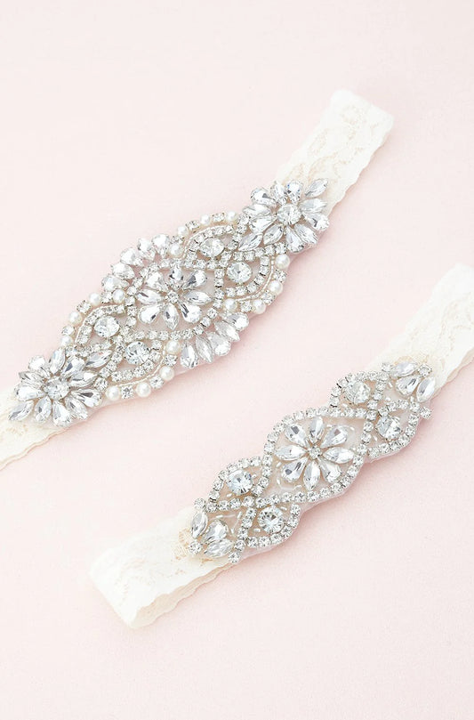 Luna Crystal and Lace Garter Set in Ivory
