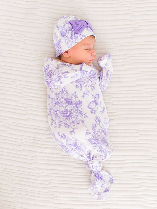 SoftSnooze Wisteria Purple Butterfly Garden Toile Ruffle Knotted Gown & Hat: Purple, Newborn-3m