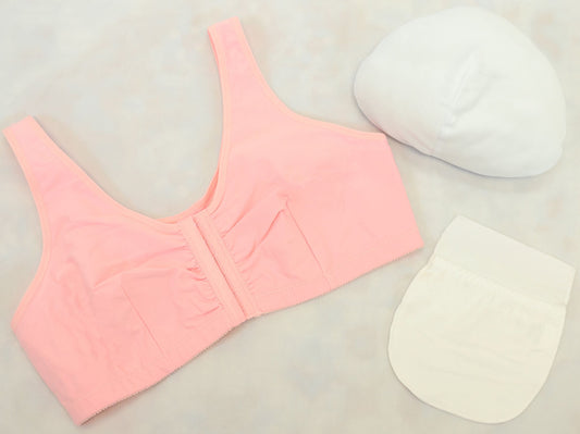 ABC 110 Leisure Front Closure Bra with 2 sized fiberfill breast forms and 2 attachable surgical drain holders